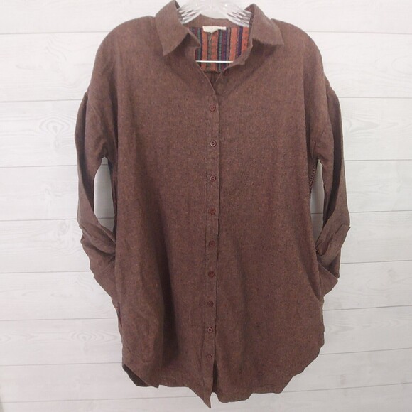 Oddi Shirt Small Western Boho Embroider Button Up Pockets Oversize Shacket Brown - Picture 1 of 9
